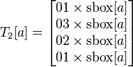 
T_2[a] = 
\begin{bmatrix}
01 \times \text{sbox}[a] \\
03 \times \text{sbox}[a] \\
02 \times \text{sbox}[a] \\
01 \times \text{sbox}[a] \\
\end{bmatrix}
