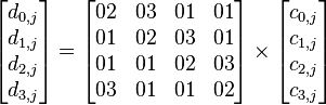 
\begin{bmatrix}
d_{0,j}	\\
d_{1,j}	\\
d_{2,j}	\\
d_{3,j}	
\end{bmatrix}
=
\begin{bmatrix}
02 & 03 & 01 & 01 \\
01 & 02 & 03 & 01 \\
01 & 01 & 02 & 03 \\
03 & 01 & 01 & 02
\end{bmatrix}
\times
\begin{bmatrix}
c_{0,j}	\\
c_{1,j}	\\
c_{2,j}	\\
c_{3,j}	
\end{bmatrix}
